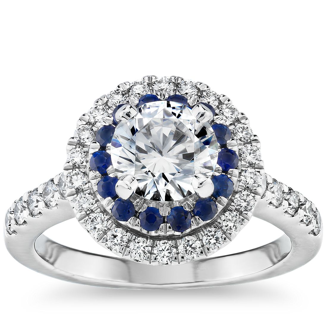 3 ct Round Cut Halo Blue Sapphire & Diamond Engagement Ring 14K White Gold Over 